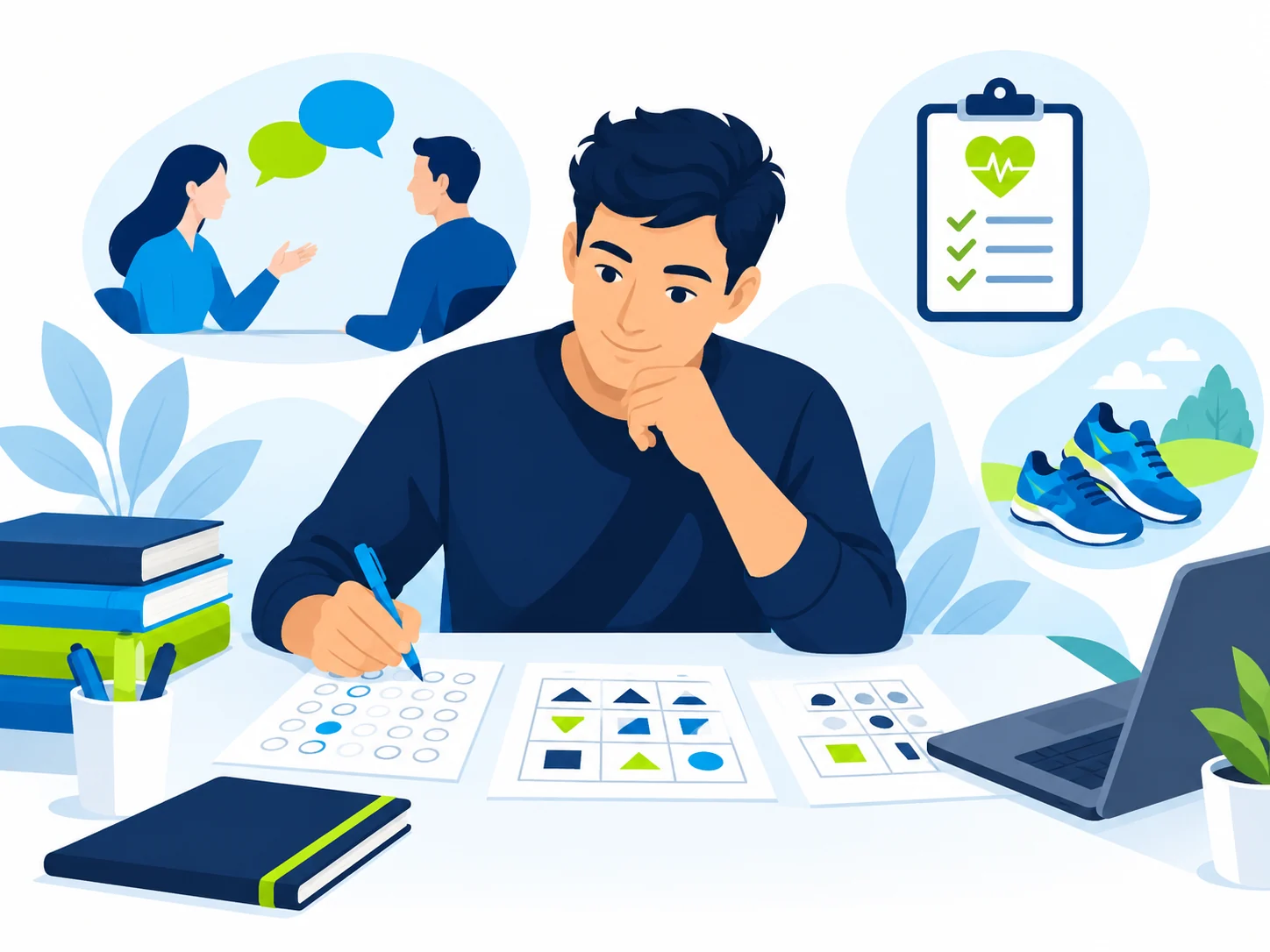 Opositor estudiando test y psicotécnicos; ilustraciones de entrevista, reconocimiento y pruebas físicas